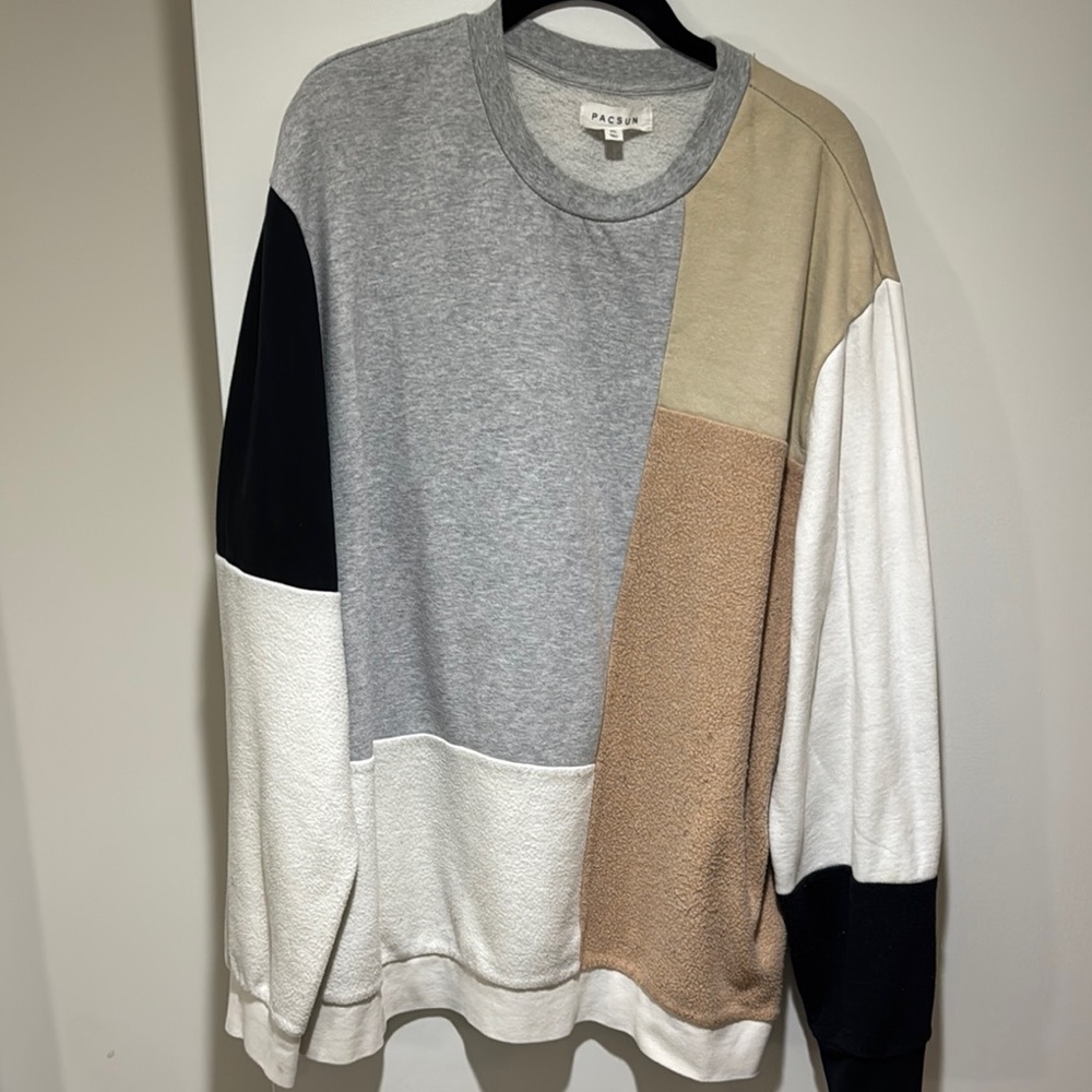 PacSun Crewneck Sweater Gray Tan Color-Block Design